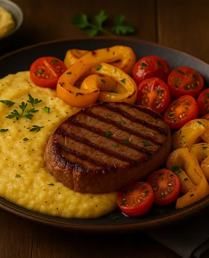 Veau grillé, polenta crémeuse et légumes d'été