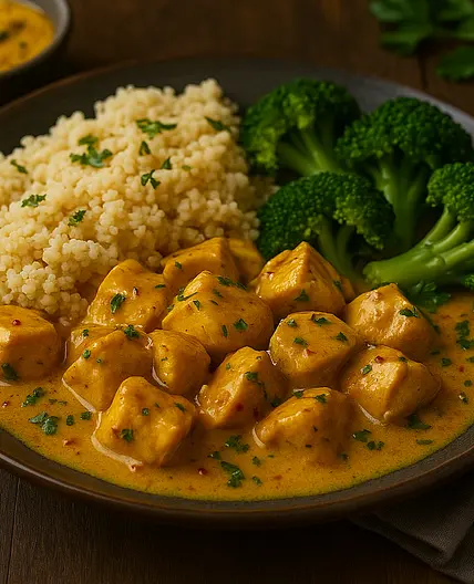 Poulet au curry, millet et brocoli