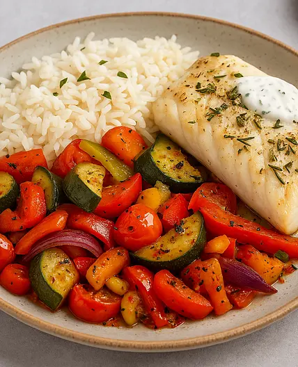 🐟 Colin rôti aux légumes fondants et riz parfumé x2 📊 550 kcal | 38P • 45G • 22L • 8F