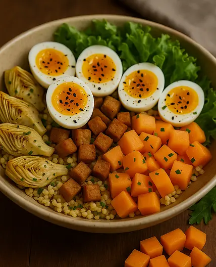 Salade de millet, œuf, melon et artichaut