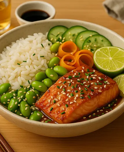 Poké bowl riz, saumon et edamames