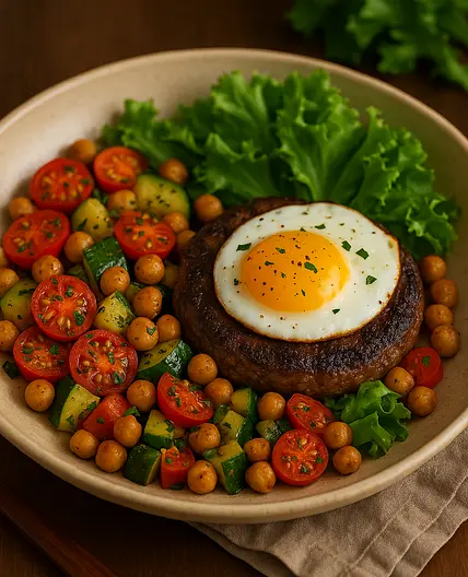 Steak, œuf au plat et légumes
