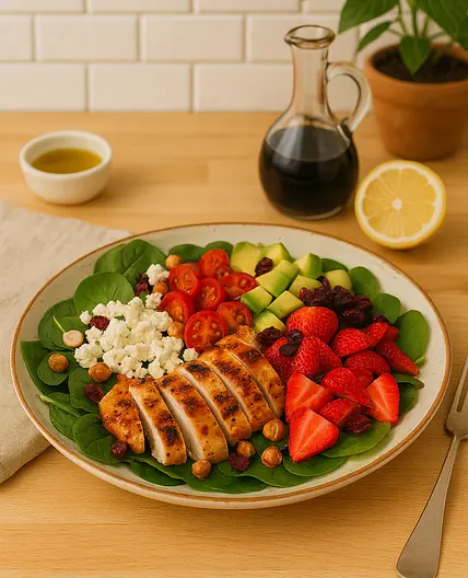 Salade poulet, fraises, avocat