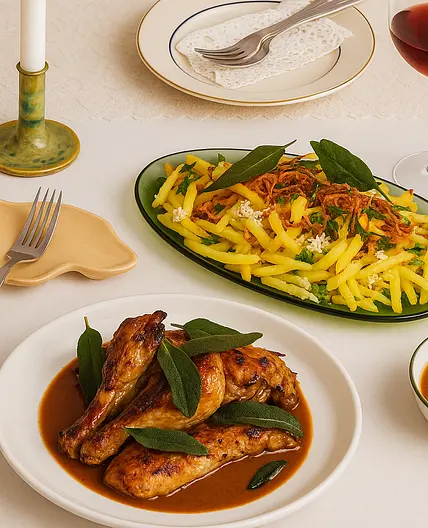 Roast Chicken with Crispy Pommes and Tasty Sauce
