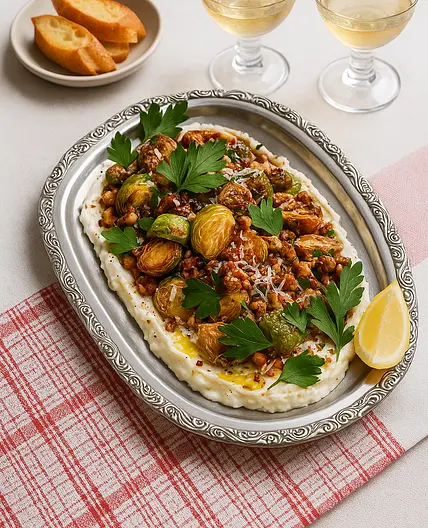 Crispy Brussels Sprouts with Cheese Cream, Honey, Lemon, and Hazelnuts