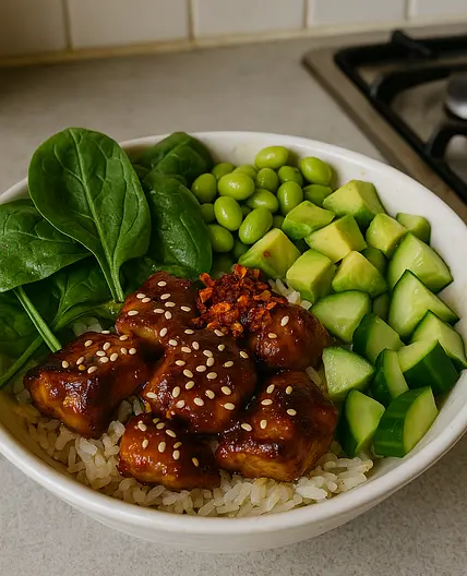 Poulet sésame, riz, et légumes verts
