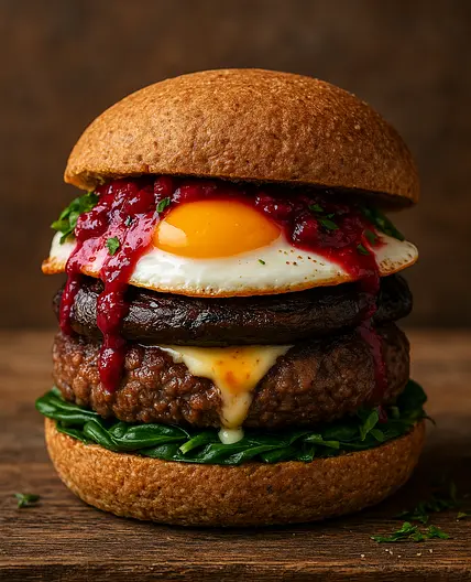 Ultra-Protein Beef Burger with Cheese-Injected Portobello & Berry-Beet Jam
