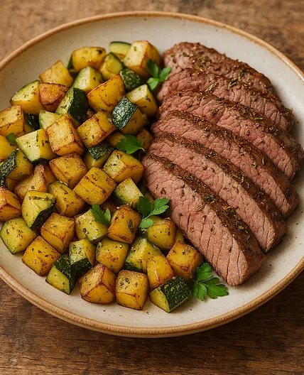 Filet de bœuf, pommes de terre et courgettes