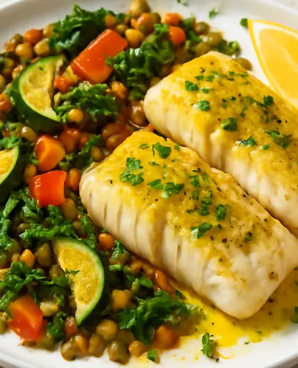 Mediterranean Flaky Cod with Warm Vegetable-Lentil Salad