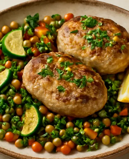 Mediterranean Minced Turkey Patties with Warm Vegetable-Lentil Salad