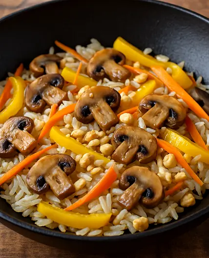 Wok rápido de arroz zanahoria y champiñones