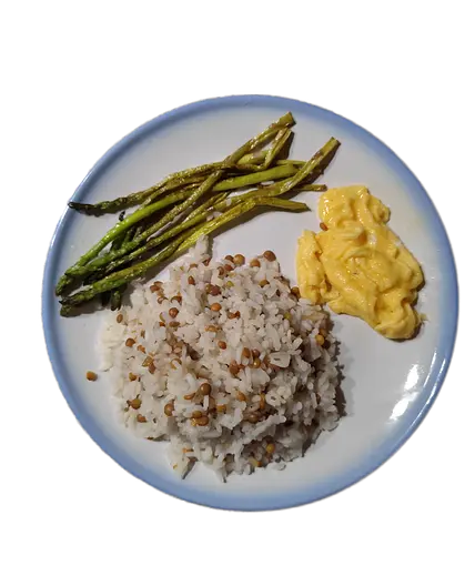 ARROZ CON LENTEJAS, ESPÁRRAGOS Y TORTILLA