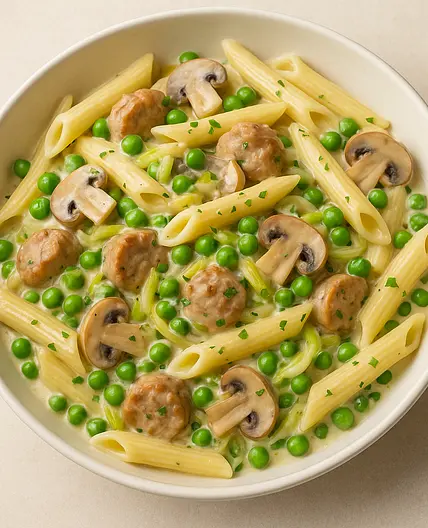 Creamy Pasta With Pork, Leek, Mushroom & Baby Peas