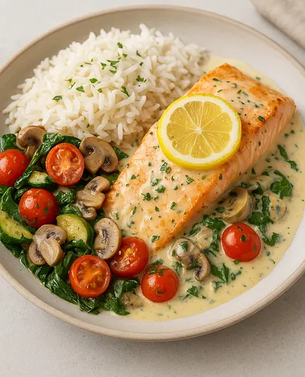 Saumon crémeux au citron et légumes x2 🐟 • 📊 680 Kcal | 45P 50G 32L F9