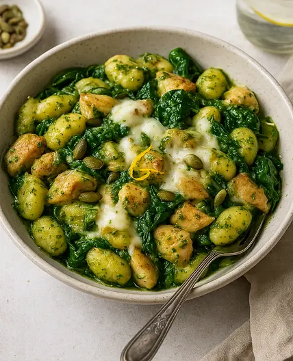 Gnocchis poulet, pesto & mozzarella fondante x2 🍲 • 📊 535 Kcal | 26P 29G 33L 5F