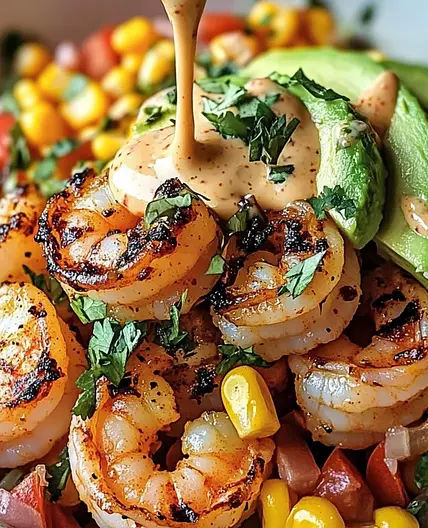 Shrimp Bowl with Avocado, Corn Salsa & Creamy Garlic Sauce