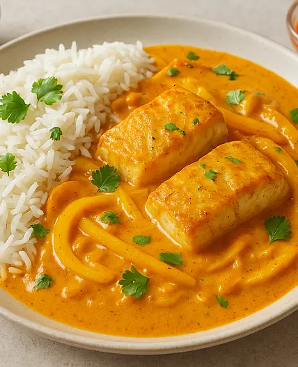 Curry de cabillaud crémeux au lait de coco + riz x2 🍛 • 📊 580 Kcal | 45P 50G | 20L | 6F