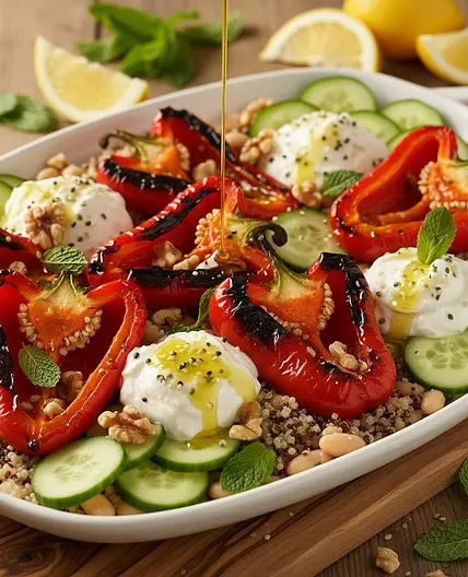 Charred Peppers with Lemon Greek Yogurt and Cucumbers