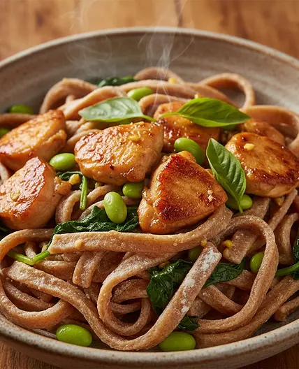 Healthy Hand-Cut Noodles with Basil Chicken