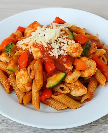 Volkoren pasta met kip en groenten