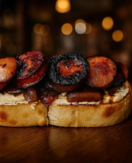 Smoked Sausage & Hummus Ciabatta with Apple–Onion Cider Glaze