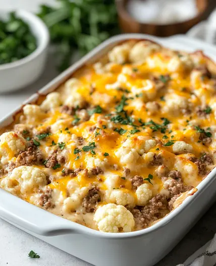 Keto Cheesy Cauliflower and Ground Beef Casserole