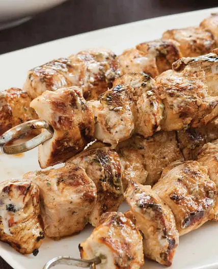 Grilled Chicken Kebabs with Tomato-Feta Salad