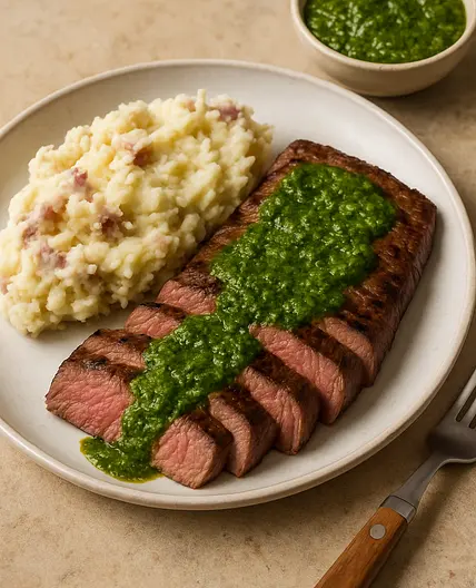 Flat Iron Steak With Cilantro Pesto Sauce and Red Mashed Potatoes
