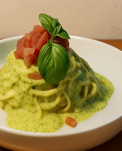 Massa com pesto de limão e tártaro de atum