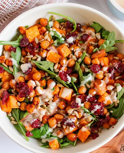 Sweet Potato, Cranberry and Chickpea Salad with Creamy Tahini Dressing Recipe
