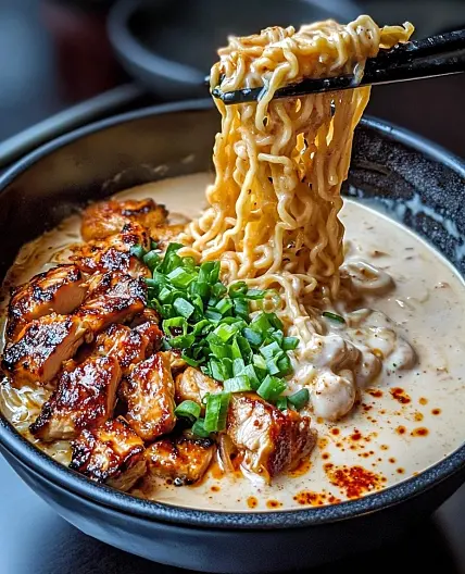 Fiery Chicken Ramen with Creamy Garlic Sauce
