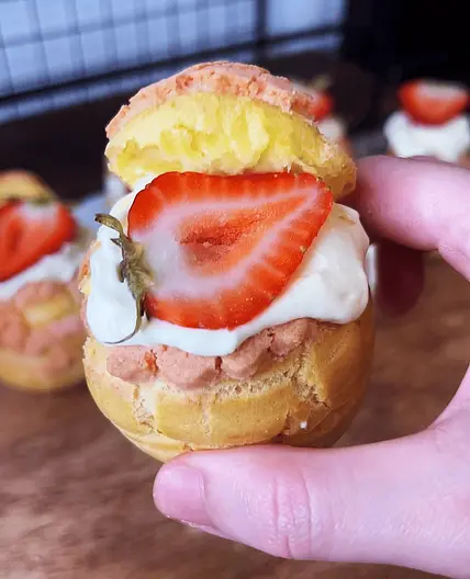 Strawberry Cream Puffs (Pink Craquelin Topped)