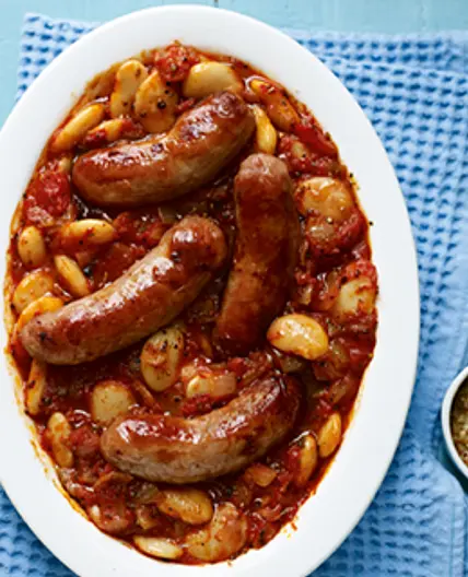 Sausage, tomato and butter bean bake recipe