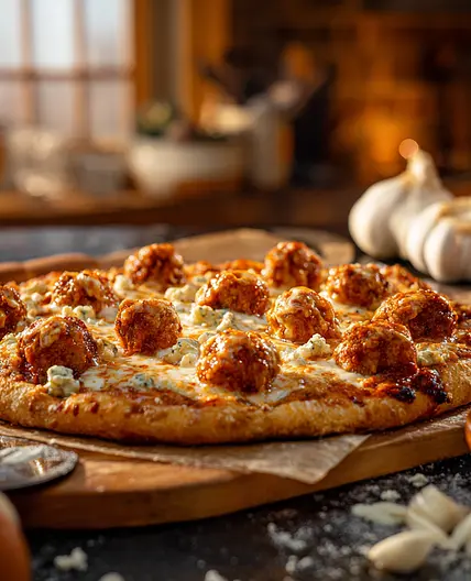 Spicy Buffalo Chicken Meatball Pizza