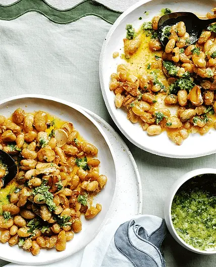 Yotam Ottolenghi's brown-butter butter beans with lemon and pesto