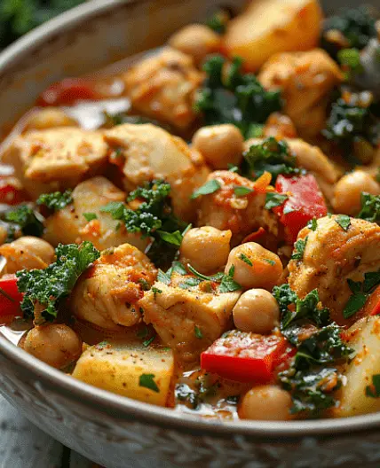 Guiso Saludable de Pollo, Garbanzos, Kale y Verduras Con Curcuma y Jengibre