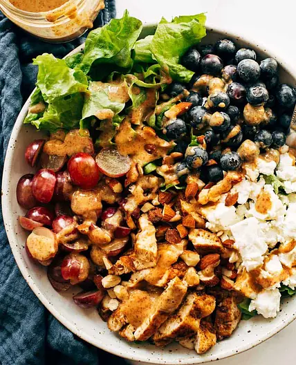 Rainbow Chicken Salad with Almond Honey Mustard Dressing
