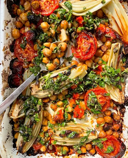 Roast Fennel, Tomatoes + Chickpeas with a Herby, Black Olive Vinaigrette