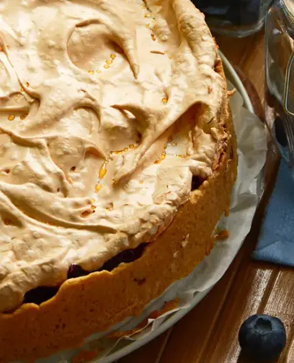 Tarte aux myrtilles et à la rhubarbe meringuée