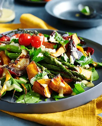 Roast vegetable salad with garlic mustard dressing