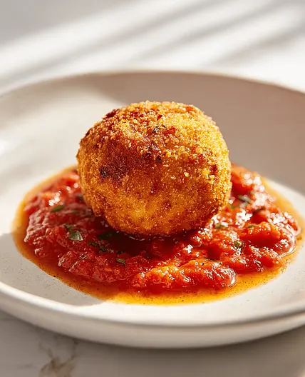 Arancini (panierte und gefüllte Risottobällchen) mit Sauce all’arrabbiata