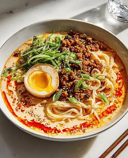 Tantanmen Sichuan Style mit vegetarischem Hack, Mais und einem Ramenei