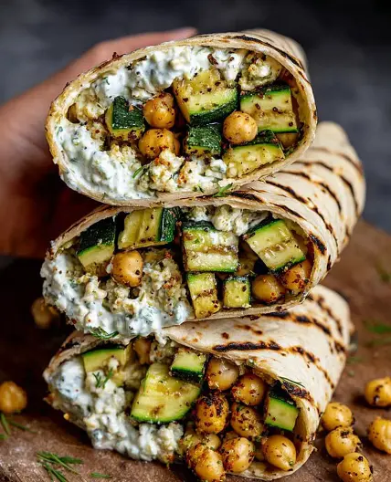 Grilled Zucchini and Feta Chickpea Wrap with Herbed Yogurt