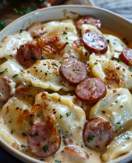Crockpot Pierogi Casserole with Kielbasa