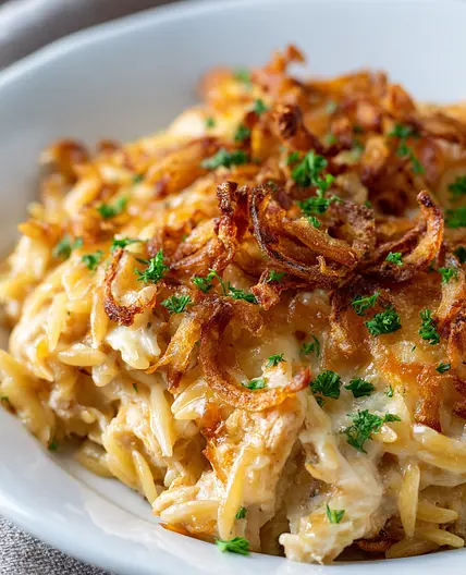 French Onion Chicken Orzo Casserole
