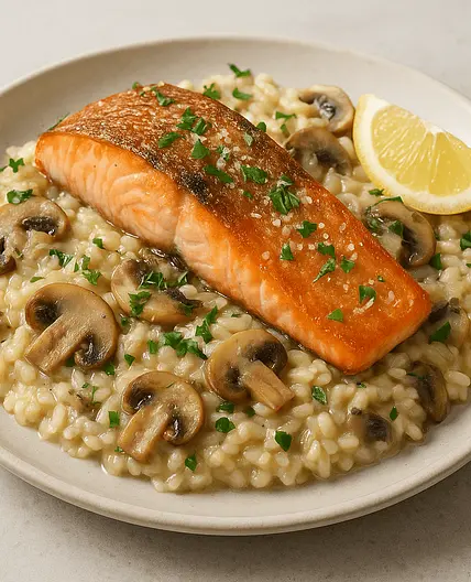 Risotto champignons & saumon poêlé x2 🐟🍄 • 📊 720Kcal | 38P 47G 39L 6F