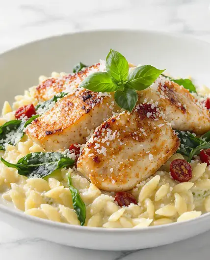 Skillet White Pesto Marry Me Chicken and Orzo (One-Pot)