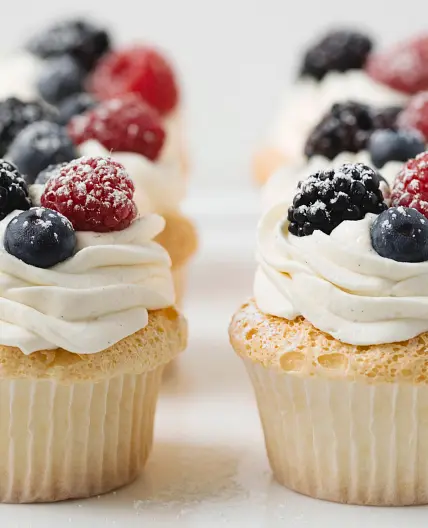 Angel Food Cupcakes with Whipped Cream and Berries