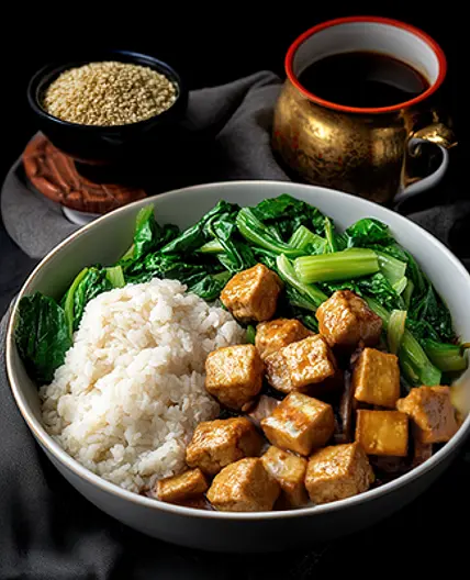 Marinated Tofu with Asian Greens & Rice