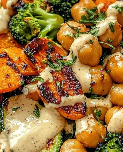 Roasted Veggie Chickpea Bowls with Maple Dijon Tahini Dressing